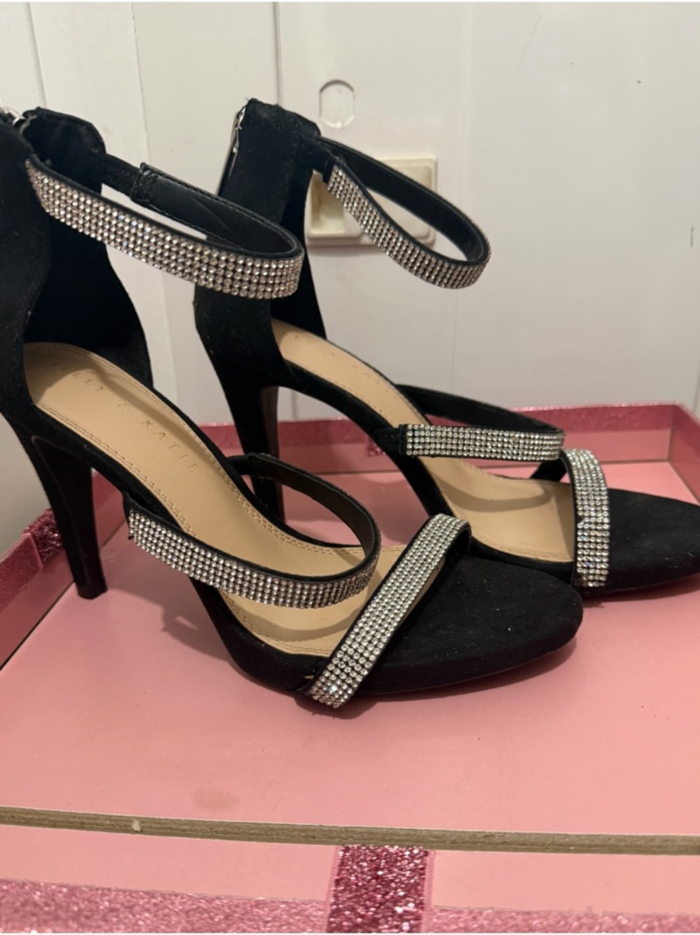 Kelly & Katie Black Rhinestone Ankle Strap Heels